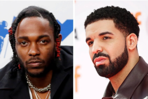 Rappers Kendrick Lamar (L) and Drake are pictured in Inglewood, California