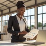 Black female entrepreneur analyzing sales chart on laptop in warehouse office setting