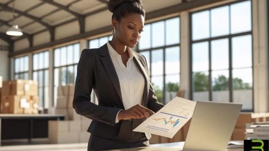 Black female entrepreneur analyzing sales chart on laptop in warehouse office setting