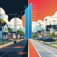 Split-screen illustration of a neglected Black neighborhood beside a gentrified one, highlighting economic inequality with rising financial charts and construction cranes.