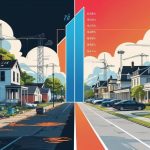 Split-screen illustration of a neglected Black neighborhood beside a gentrified one, highlighting economic inequality with rising financial charts and construction cranes.