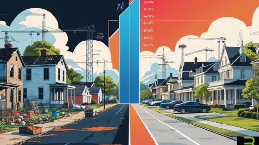 Split-screen illustration of a neglected Black neighborhood beside a gentrified one, highlighting economic inequality with rising financial charts and construction cranes.
