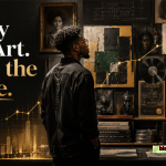 Young Black artist studying a wall of Black art, books, blueprints, records, and film reels as symbols of culture, ownership, and economic power.
