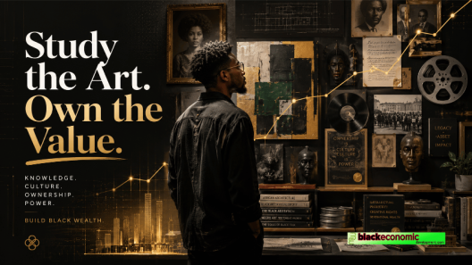 Young Black artist studying a wall of Black art, books, blueprints, records, and film reels as symbols of culture, ownership, and economic power.