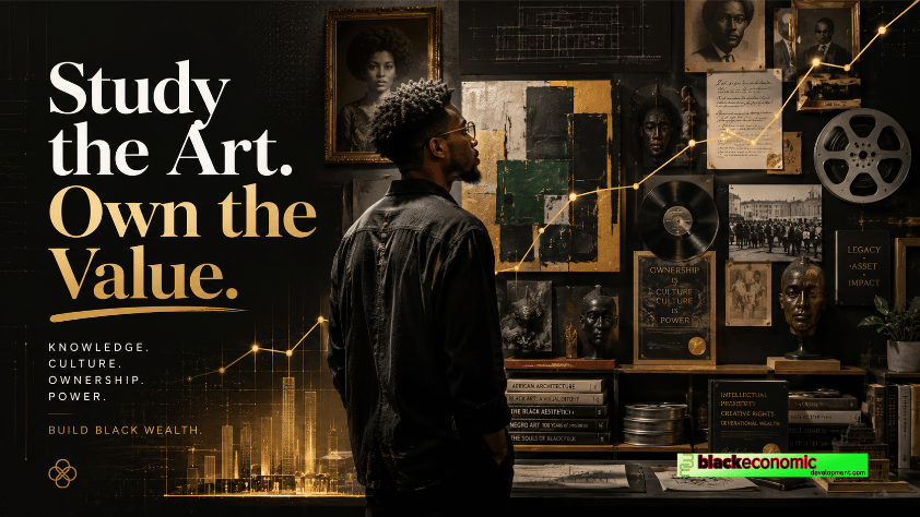 Young Black artist studying a wall of Black art, books, blueprints, records, and film reels as symbols of culture, ownership, and economic power.