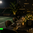 Editorial image of a tennis court blending into an elegant dinner table, symbolizing visibility, access, belonging, and power in elite sports.