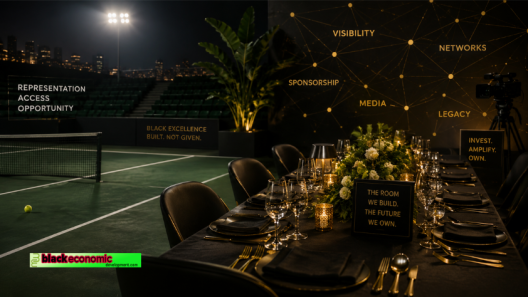 Editorial image of a tennis court blending into an elegant dinner table, symbolizing visibility, access, belonging, and power in elite sports.