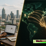 A Black UI/UX designer works on a laptop beside a global map showing capital flows between Africa, Europe, and North America.