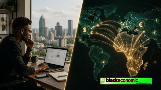 A Black UI/UX designer works on a laptop beside a global map showing capital flows between Africa, Europe, and North America.