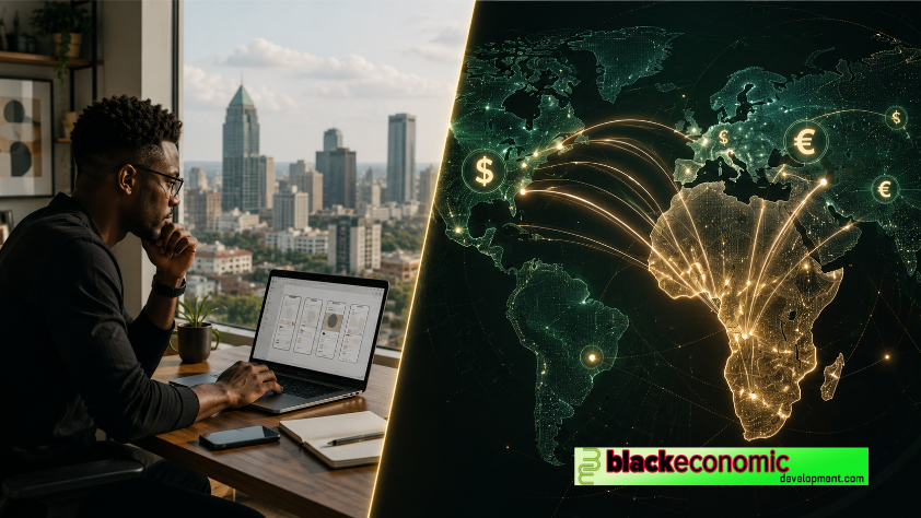 A Black UI/UX designer works on a laptop beside a global map showing capital flows between Africa, Europe, and North America.