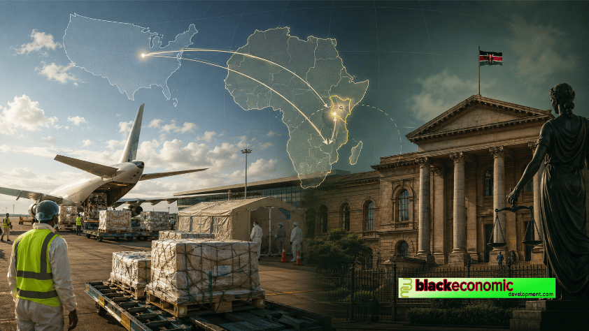 Editorial image showing an African airport runway, medical cargo, quarantine response tents, a Kenyan courthouse, and global map lines representing outsourced public health risk.