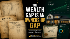 Editorial graphic showing historical records beside modern assets like a home, stock chart, business equity certificate, and retirement account to explain the racial wealth gap as an ownership gap.