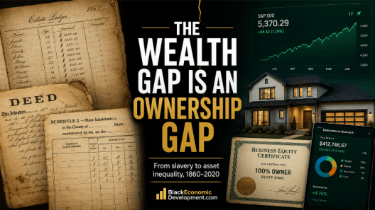 Editorial graphic showing historical records beside modern assets like a home, stock chart, business equity certificate, and retirement account to explain the racial wealth gap as an ownership gap.