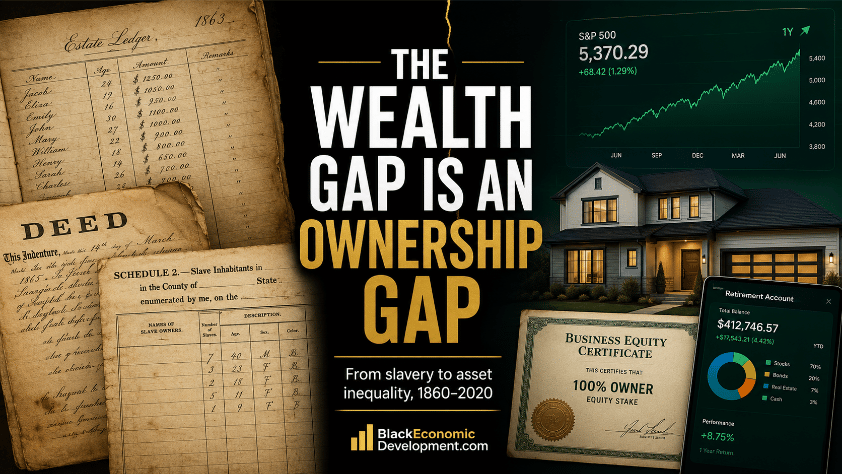 Editorial graphic showing historical records beside modern assets like a home, stock chart, business equity certificate, and retirement account to explain the racial wealth gap as an ownership gap.