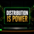 Dark late-night television studio graphic showing a glowing screen that reads “Distribution Is Power,” with icons for audience, ads, ownership, and revenue.