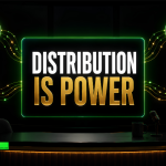 Dark late-night television studio graphic showing a glowing screen that reads “Distribution Is Power,” with icons for audience, ads, ownership, and revenue.