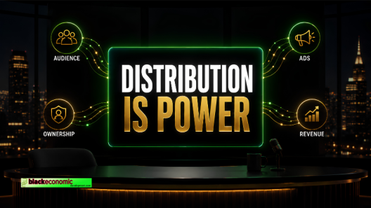 Dark late-night television studio graphic showing a glowing screen that reads “Distribution Is Power,” with icons for audience, ads, ownership, and revenue.