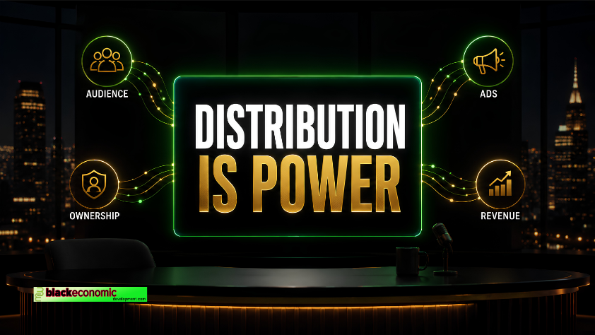 Dark late-night television studio graphic showing a glowing screen that reads “Distribution Is Power,” with icons for audience, ads, ownership, and revenue.