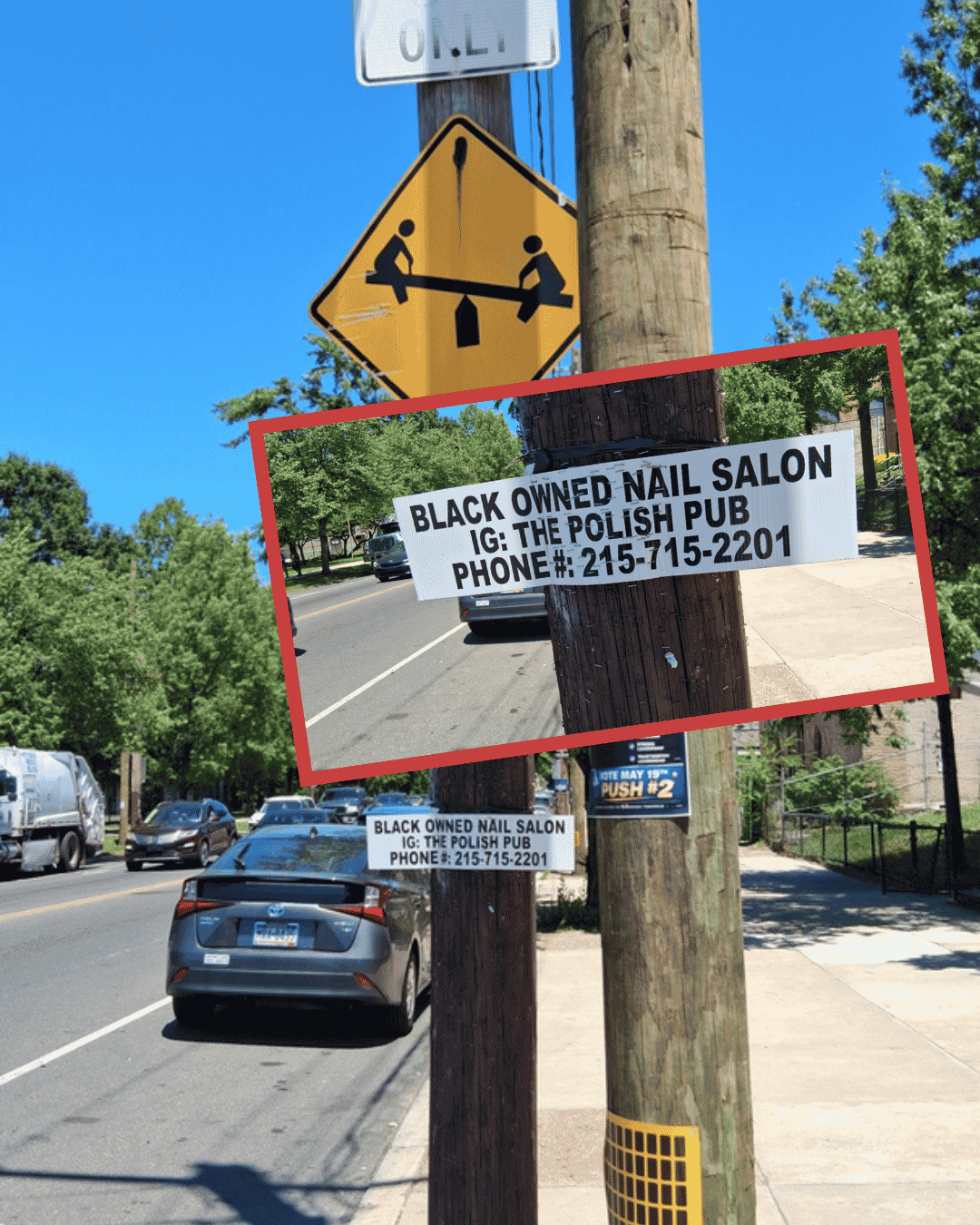 Black-owned nail salon guerilla marketing spotted at 33rd & Diamond In Philly with sign promoting the Instagram handle Polish Pub