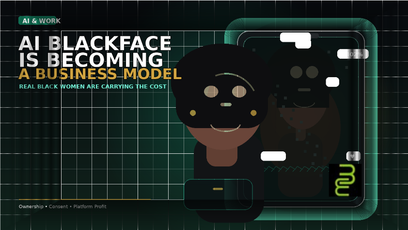 Black woman creator stands in front of a glowing phone screen showing a blurred AI-generated double, symbolizing AI blackface, platform profit, and creator exploitation.