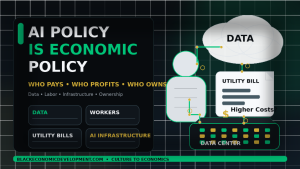 Editorial graphic showing a data center, utility bill, worker profile, and data cloud connected by digital lines with the text AI Policy Is Economic Policy.
