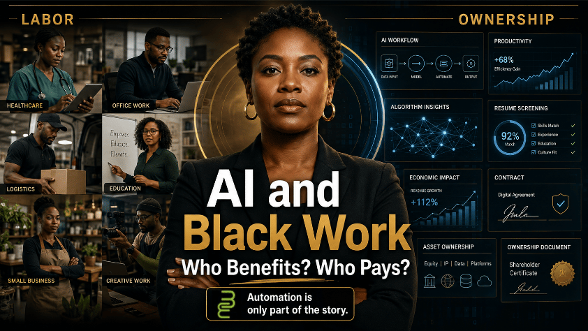 Editorial image showing a confident Black professional between real-world labor scenes and AI ownership dashboards to represent the future of Black work, automation, productivity, and economic power.