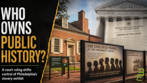 Philadelphia’s President’s House site, slavery memorial panels, and a federal appeals court document under the headline “Who Owns Public History?”