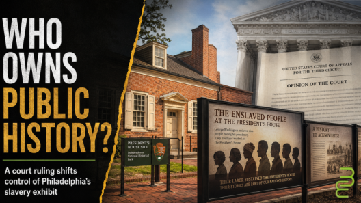 Philadelphia’s President’s House site, slavery memorial panels, and a federal appeals court document under the headline “Who Owns Public History?”
