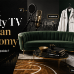 Editorial graphic showing a reunion couch, basketball court, studio microphone, medical coat, and house key to represent the ownership, labor, audience, risk, and distribution economics behind Black reality TV franchises.