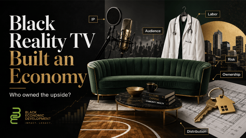 Editorial graphic showing a reunion couch, basketball court, studio microphone, medical coat, and house key to represent the ownership, labor, audience, risk, and distribution economics behind Black reality TV franchises.