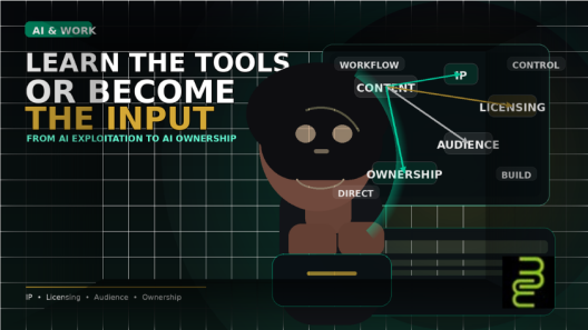 Black creator directing AI workflow from content to IP, licensing, audience, and ownership at a digital workstation.