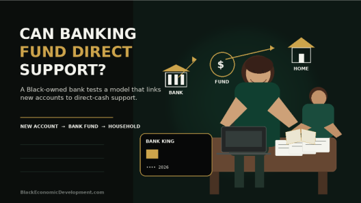 Editorial illustration of a Black mother managing household expenses as a bank card funds direct-cash support for housing, childcare and groceries.