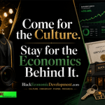 Editorial graphic showing Black culture symbols beside ownership documents, business dashboards, contracts, and wealth-building imagery to represent the economics behind Black culture.