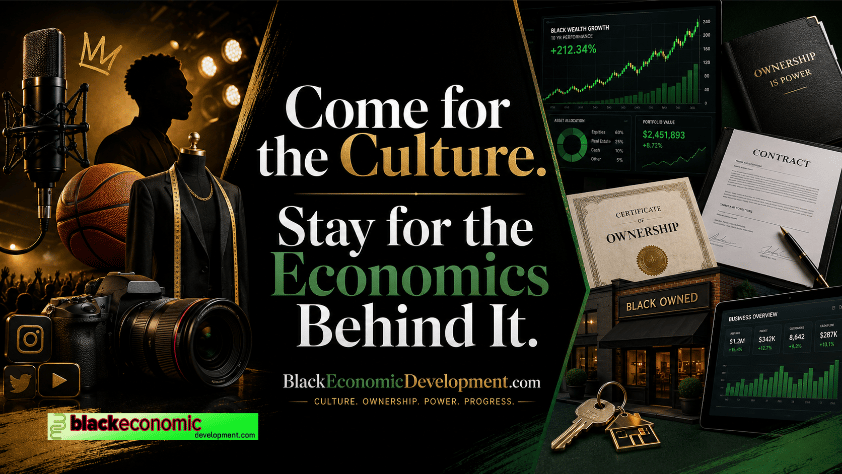 Editorial graphic showing Black culture symbols beside ownership documents, business dashboards, contracts, and wealth-building imagery to represent the economics behind Black culture.