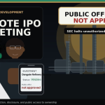 Editorial graphic showing a Nigerian investor, the Dangote refinery, and a notice that the public offering has not been approved.
