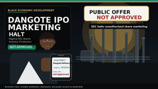 Editorial graphic showing a Nigerian investor, the Dangote refinery, and a notice that the public offering has not been approved.