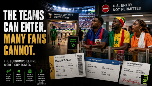 Haitian, Senegalese and Ivorian World Cup fans face U.S. entry restrictions while players enter a stadium, with tickets and travel costs at risk.