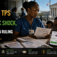 Haitian healthcare worker reviewing work authorization papers beside rent, mortgage and remittance documents, with the U.S. Supreme Court in the background.