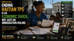 Haitian healthcare worker reviewing work authorization papers beside rent, mortgage and remittance documents, with the U.S. Supreme Court in the background.