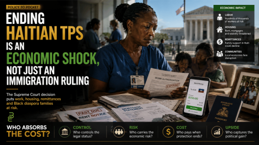 Haitian healthcare worker reviewing work authorization papers beside rent, mortgage and remittance documents, with the U.S. Supreme Court in the background.