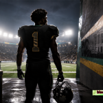 Black college football player stands at a stadium tunnel beside a ballot box, symbolizing the link between Black athletic labor, voting rights, and college sports revenue.
