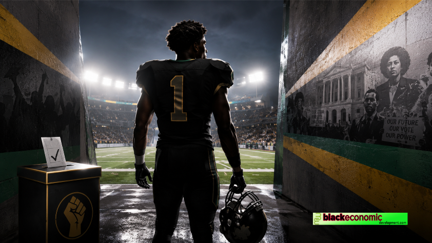 Black college football player stands at a stadium tunnel beside a ballot box, symbolizing the link between Black athletic labor, voting rights, and college sports revenue.