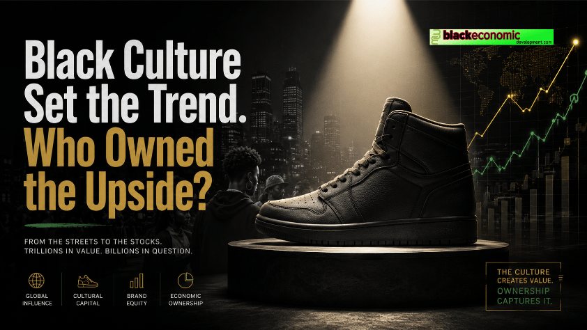 Editorial image of an unbranded high-top sneaker under a spotlight with Black urban culture, financial charts, and global market graphics representing how Black consumer influence creates brand value. Description: Feature image for a BlackEconomicDevelopment.com story about Larry Miller’s comments on young Black urban consumers, Air Jordans, sneaker culture, brand equity, and who captures the economic upside.