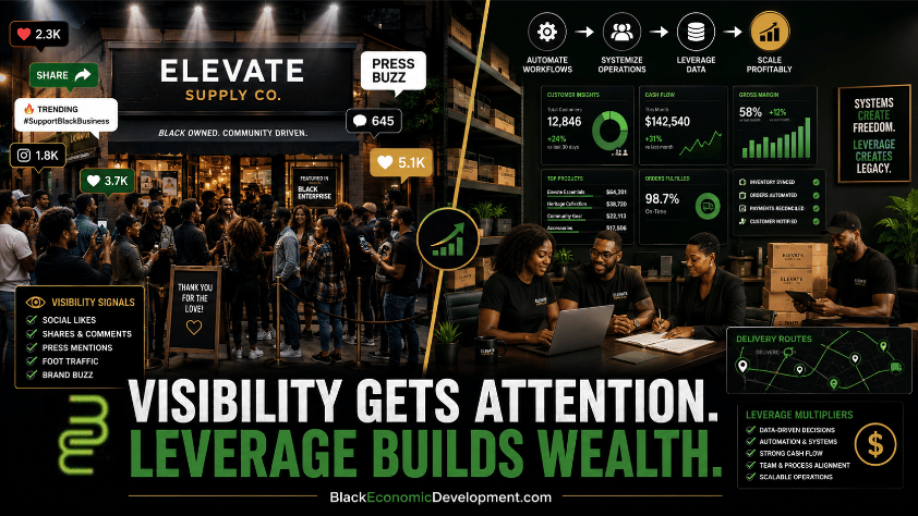 Editorial image showing a Black-owned business moving from social media visibility to stronger systems, data, cash flow, fulfillment, and scalable operations.