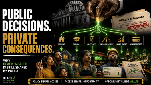 Editorial image showing how public decisions on housing, schools, contracts, infrastructure, jobs, wages, and credit access shape Black wealth.