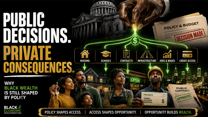 Editorial image showing how public decisions on housing, schools, contracts, infrastructure, jobs, wages, and credit access shape Black wealth.
