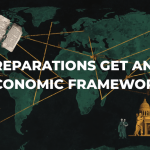 Editorial illustration of Africa connected to the diaspora, sovereign debt relief, cultural restitution and community investment under a new global reparations framework.