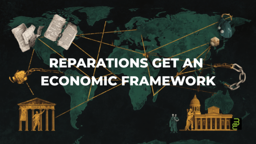Editorial illustration of Africa connected to the diaspora, sovereign debt relief, cultural restitution and community investment under a new global reparations framework.