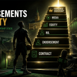 Black athlete standing before a staircase labeled Contract, Endorsement, NIL, Equity, Media, and Franchise Ownership, showing the path from sports income to ownership.