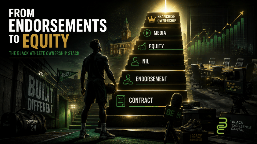 Black athlete standing before a staircase labeled Contract, Endorsement, NIL, Equity, Media, and Franchise Ownership, showing the path from sports income to ownership.